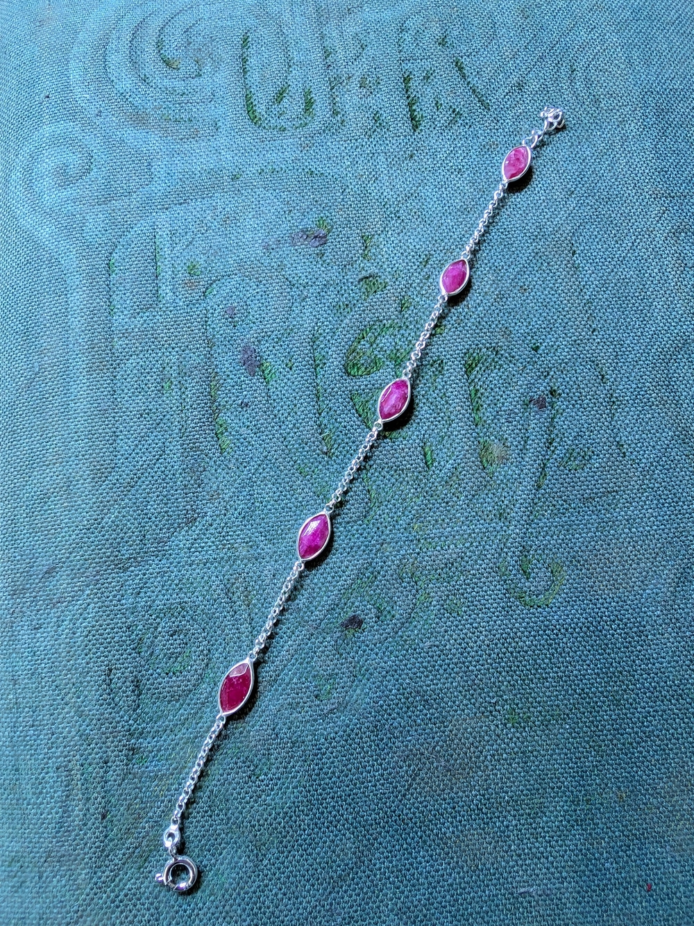 Faceted Ruby bracelet with sterling silver chain, 7.5